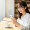 Audibleの料金とプラン選びをイメージする、カフェでスマホを操作する日本人女性