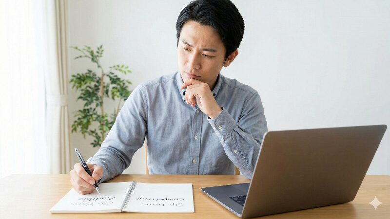 2つのサービスを比較検討している日本人男性のイメージ