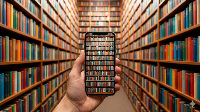 圧倒的な蔵書数をイメージさせる、スマホの背後に広がる巨大な図書館
