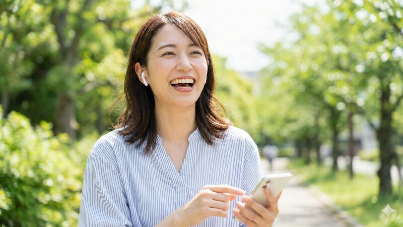 ポッドキャストを楽しみながら笑っている日本人女性のライフスタイル