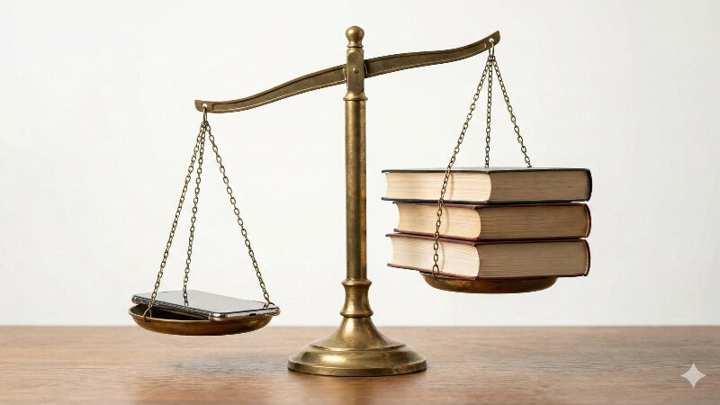 天秤の上にスマホと数冊のハードカバー本が乗っている、価値の比較イメージ