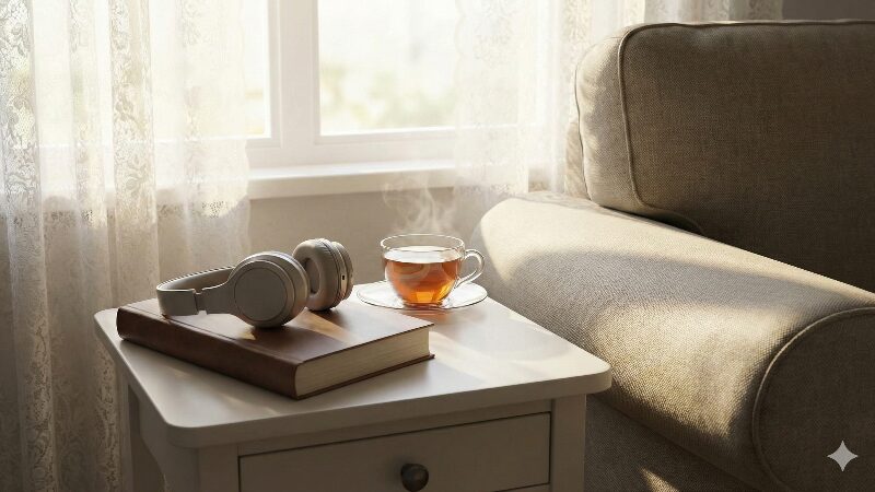 リラックスして休憩しているイメージ、コーヒーと本