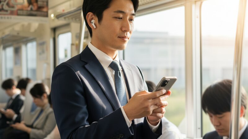 通勤中にオーディオブックで「ながら聴き」する男性