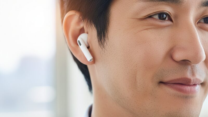 オーディオブックのメリット(イヤホンと笑顔)