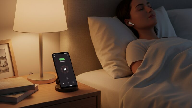 就寝前にオーディオブックを聴きリラックスする様子