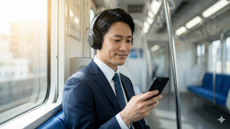 通勤電車の中でノイズキャンセリングヘッドホンをしてスマートフォンでオーディブルを聴きながら、知的で充実した表情を浮かべる
