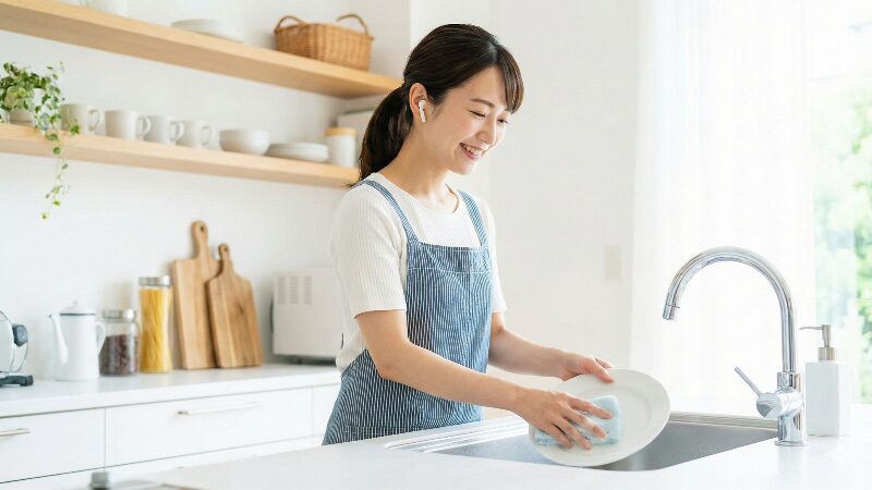 明るいキッチンで笑顔で皿洗いの家事をしながら、ワイヤレスイヤホンでオーディオブックを楽しんでいる日本人女性