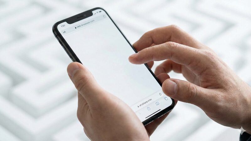 iPhoneの設定画面やブラウザ画面を操作している手元のクローズアップ