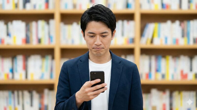 本屋の本棚の前で、スマートフォンを見ながら少し残念そうな表情を浮かべる日本人男性