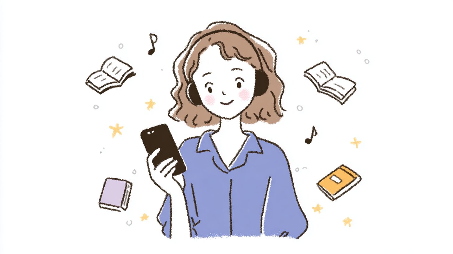 スマートフォンでオーディオブックを聴く人物とヘッドホン、本