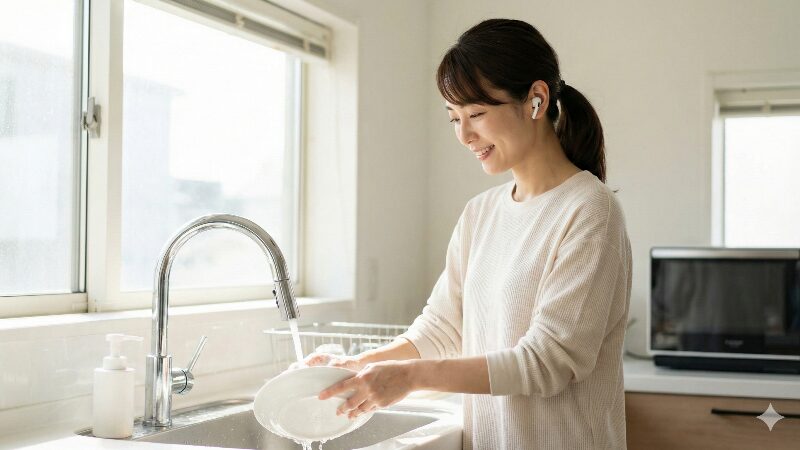 キッチンで皿洗いをしながら、ワイヤレスイヤホンでオーディオブックを聴いて楽しんでいる女性