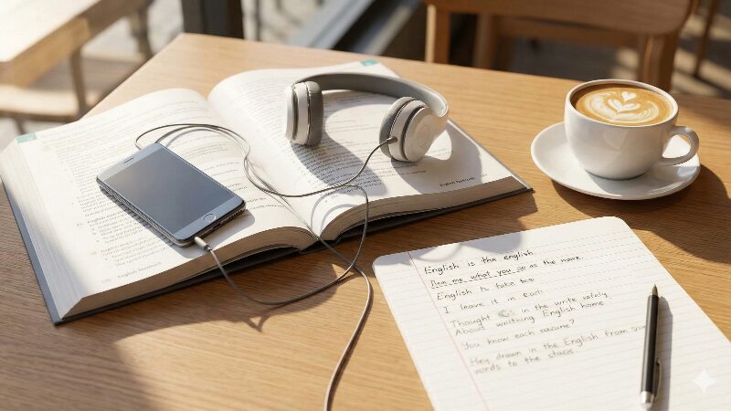 朝のカフェで英語のテキストを開きながら、イヤホンでリスニング学習をしている様子