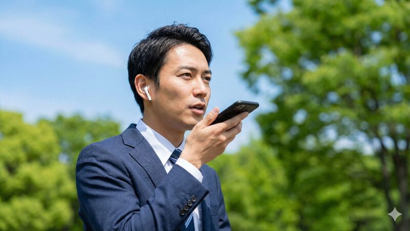 公園を歩きながら、スマートフォンに向かって音声入力でメモを取っている男性