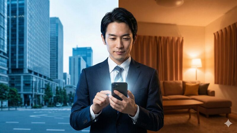 スマートフォンを持ち、Audibleとaudiobook.jpのどちらを選ぶか比較検討しているビジネスパーソン