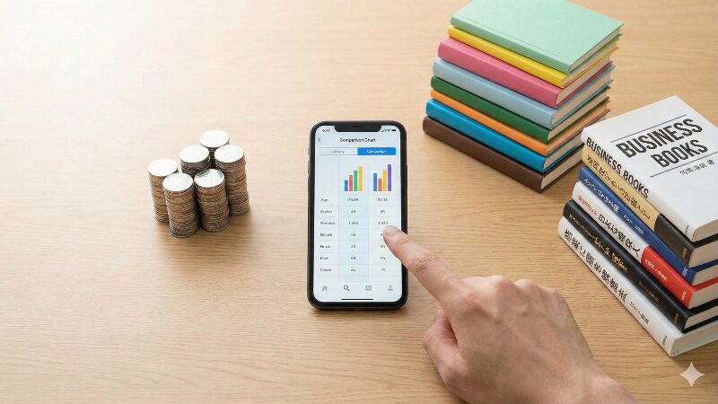 デスクの上に置かれたスマートフォンと、コストパフォーマンスを表すコインの山、そして豊富なラインナップを表すハードカバーの本とビジネス書の山
